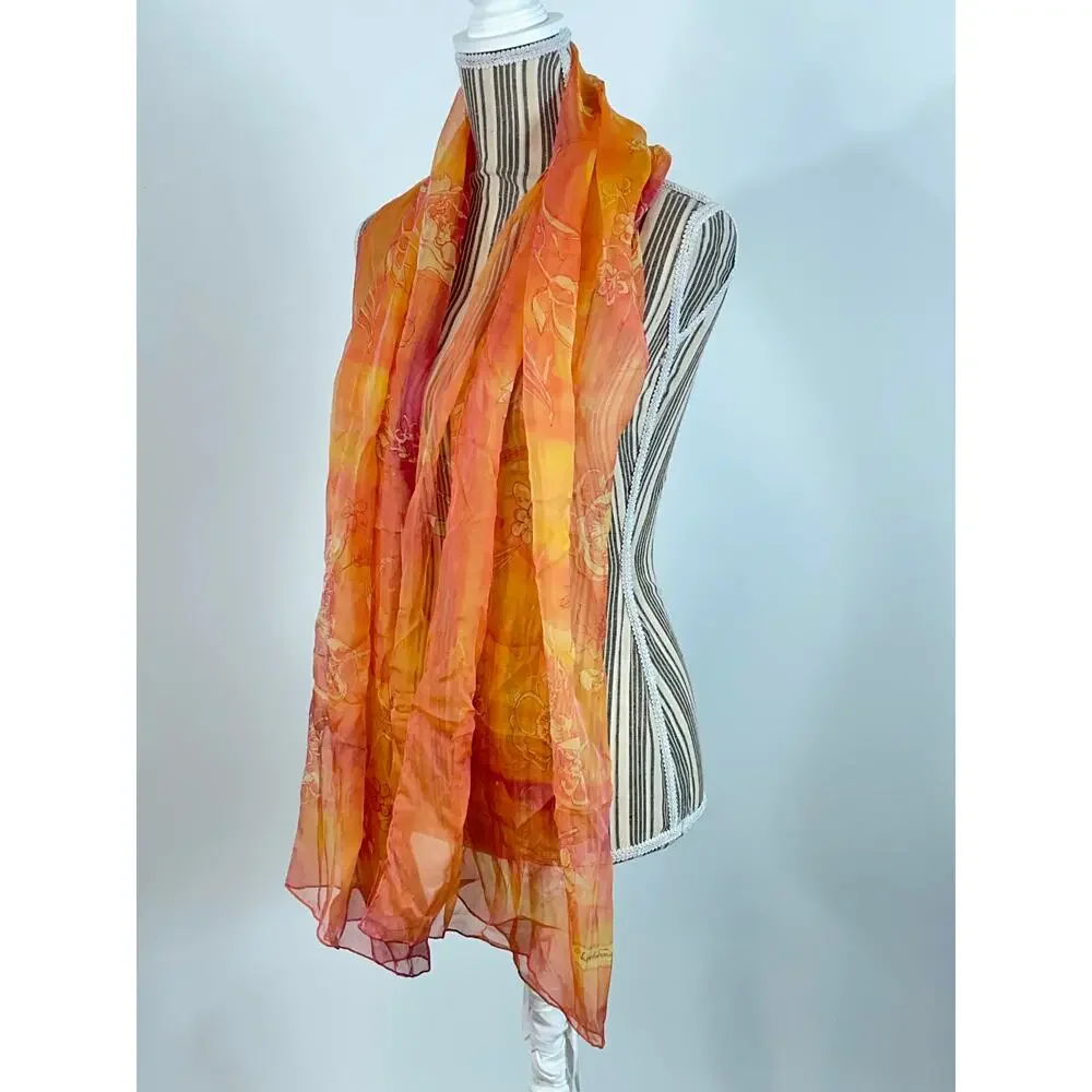 Salvatore Ferragamo Orange Silk Chiffon Floral Scarf OS